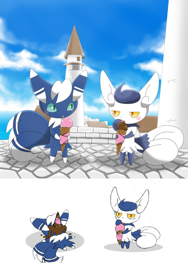 10s, 1boy, 1girl, food, fur, ice_cream, meowstic, nintendo