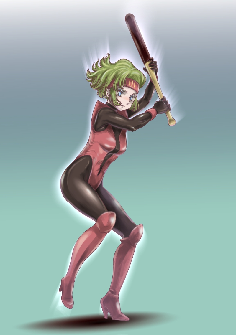 1girl, baseball_bat, blue_eyes, bodysuit, elchi_cargo, female, full_body, gradient