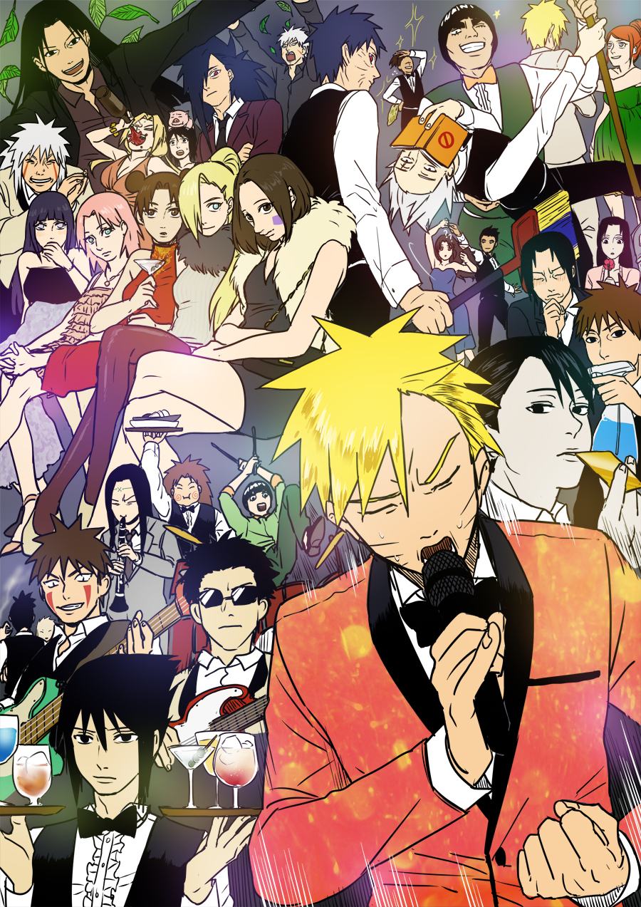 6+boys, 6+girls, ?, aburame_shino, akamaru_(naruto), akimichi_chouji, alcohol, arm_up