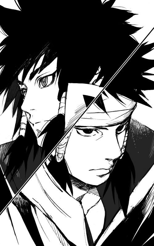 2boys, male_focus, monochrome, multiple_boys, naruto, naruto_shippuuden, ootsutsuki_asura, ootsutsuki_indra, sketch, spiky_hair, terragin