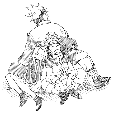 1girl, 3boys, haruno_sakura, hatake_kakashi, lowres, monochrome, multiple_boys, naruto