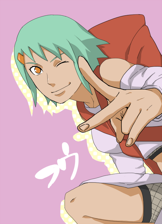 1girl, breasts, female, fishnets, fuu_(naruto), green_eyes, lasting-801, looking_at_viewer