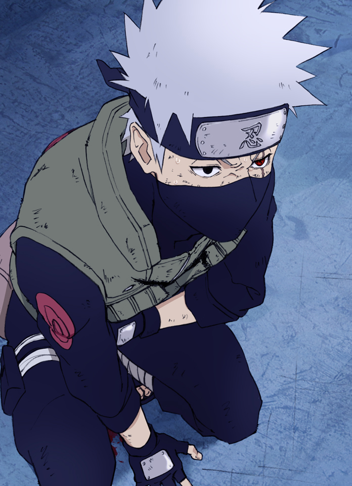 1boy, bandage, black_eye, fingerless_gloves, flak_jacket, forehead_protector, gloves, hatake_kakashi