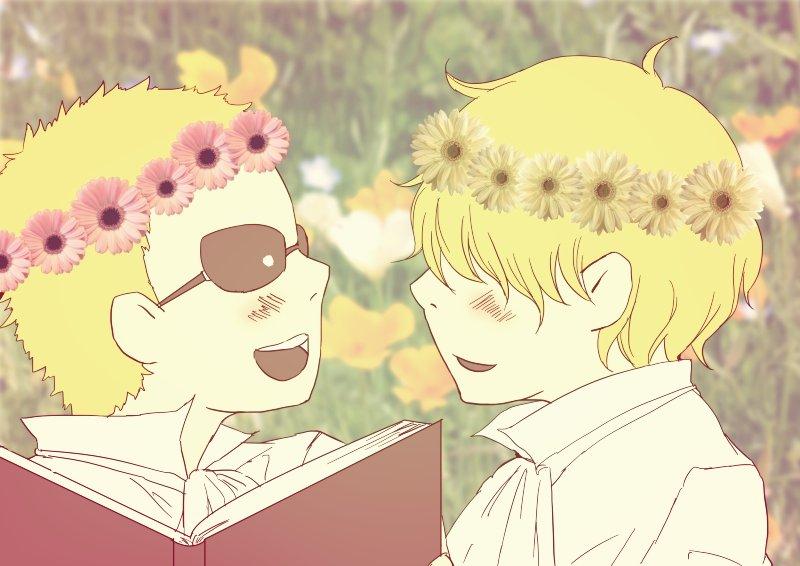2boys, blonde_hair, book, brothers, corazon, donquixote_doflamingo, donquixote_rocinante, flower, hair_over_eyes, honeydrop616, multiple_boys, one_piece, shirt, siblings, sunglasses, white_shirt, wreath, younger