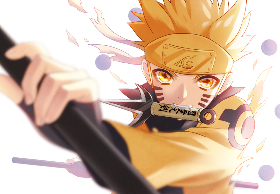 1boy, alternate_form, dual_wielding, escrima_stick, facial_mark, fingerless_gloves, gloves, headband