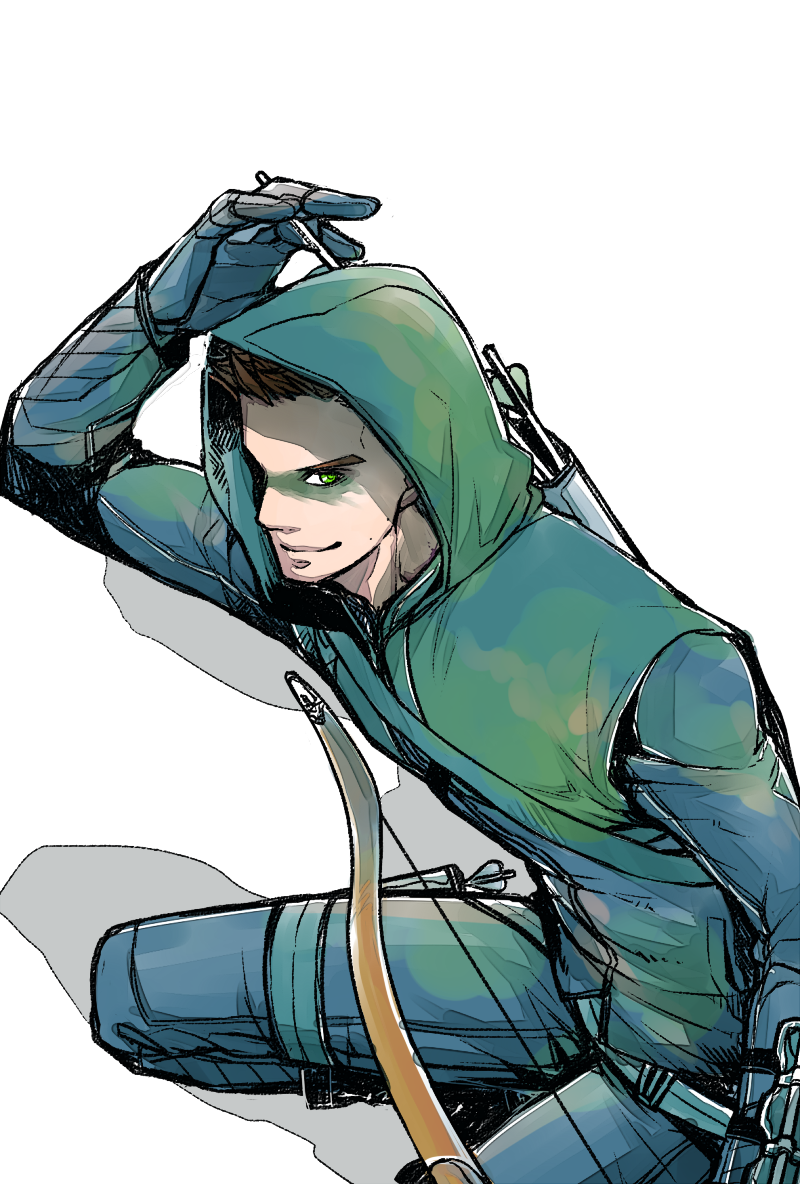1boy, arrow, blue_eyes, bow_(weapon), dc_comics, facepaint, gloves, green_arrow