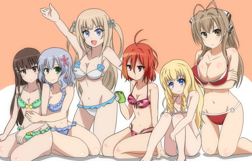 6+girls, amagi_brilliant_park, antenna_hair, bikini, blonde_hair, blush, breasts, cleavage, embarrassed, flat_chest, koborii_(amaburi), large_breasts, latifa_fleuranza, multiple_girls, muse_(amaburi), navel, phone, salama_(amaburi), sento_isuzu, side-tie_bikini, sitting, small_breasts, string_bikini, swimsuit, sylphy_(amaburi)