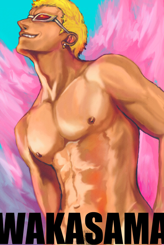 1boy, blonde_hair, donquixote_doflamingo, earrings, feathers, jewelry, jippei, male_focus, nude, one_piece, shichibukai, sunglasses