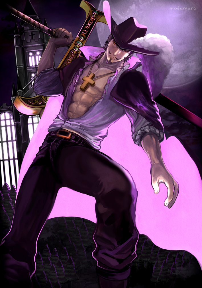 1boy, abs, belt, black_hair, black_pants, chinstrap, cross, dracule_mihawk