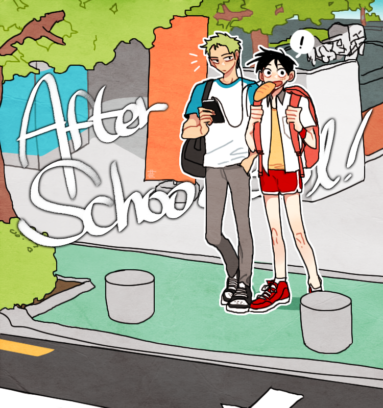 !, 2boys, alternate_costume, backpack, bag, black_hair, ear_buds, food