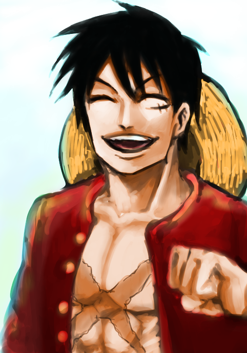 1boy, black_hair, closed_eyes, hat, headwear_removed, male_focus, monkey_d_luffy, one_piece, open_clothes, open_mouth, open_shirt, red_shirt, ryu-911, scar, shirt, smile, solo, stampede_string, straw_hat