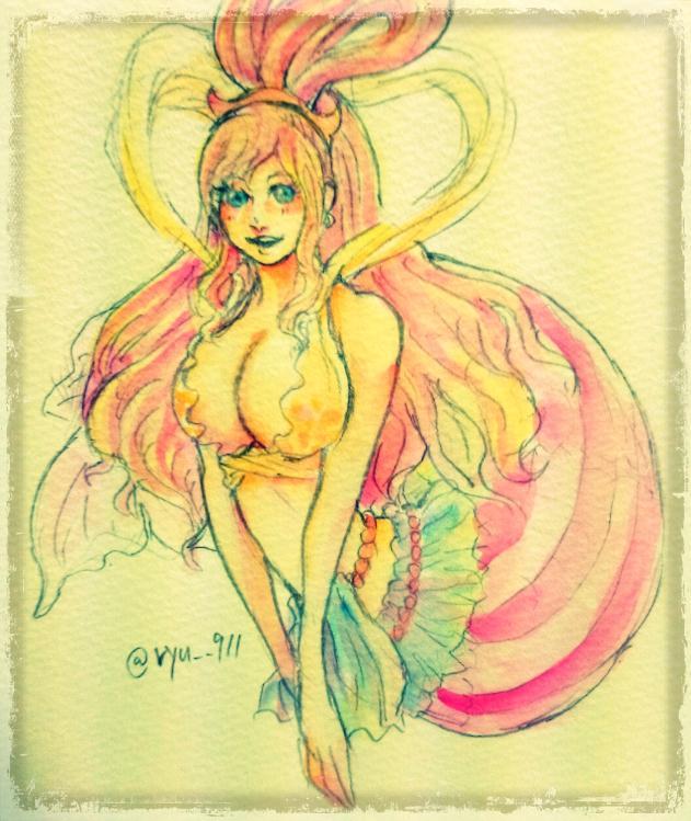 1girl, blue_eyes, breasts, cleavage, fishman_island, large_breasts, long_hair, mermaid