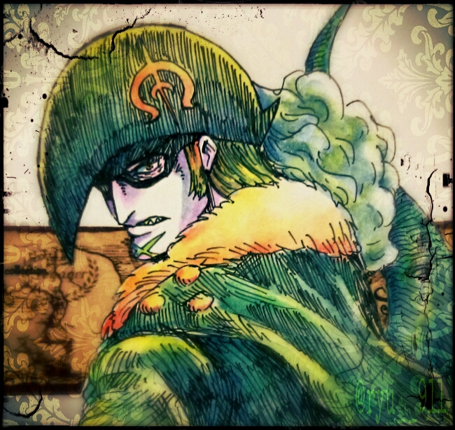 1boy, domino_mask, glaring, hat, male_focus, mask, one_piece, over_shoulder