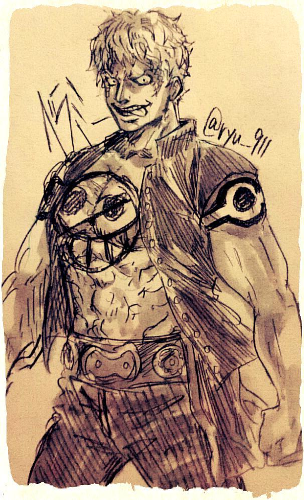 1boy, artist_name, bellamy, belt, clenched_hand, dressrosa, monochrome, one_piece