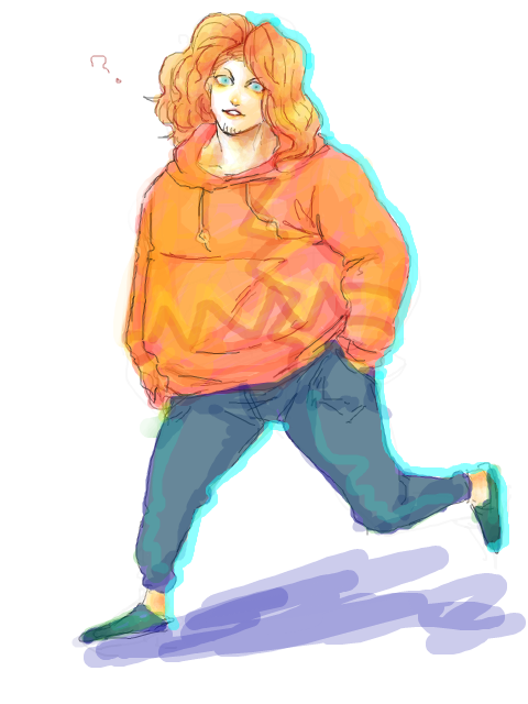 1boy, alternate_costume, boo_(one_piece), denim, dressrosa, hands_in_pockets, hood, hoodie, jeans, looking_at_viewer, male_focus, one_piece, orange_hair, pants, ryu-911, solo, walking