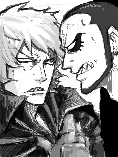 2boys, blue_gilly, chinstrap, dressrosa, glaring, grabbing, ideo, monochrome