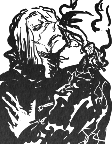 2boys, dellinger, dressrosa, hair_over_one_eye, hat, horns, long_hair, monochrome