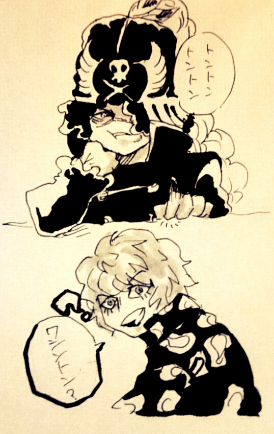 2boys, blue_gilly, comic, dressrosa, hat, hat_over_one_eye, monochrome, multiple_boys, one_piece, open_mouth, ryu-911, smile, suleiman