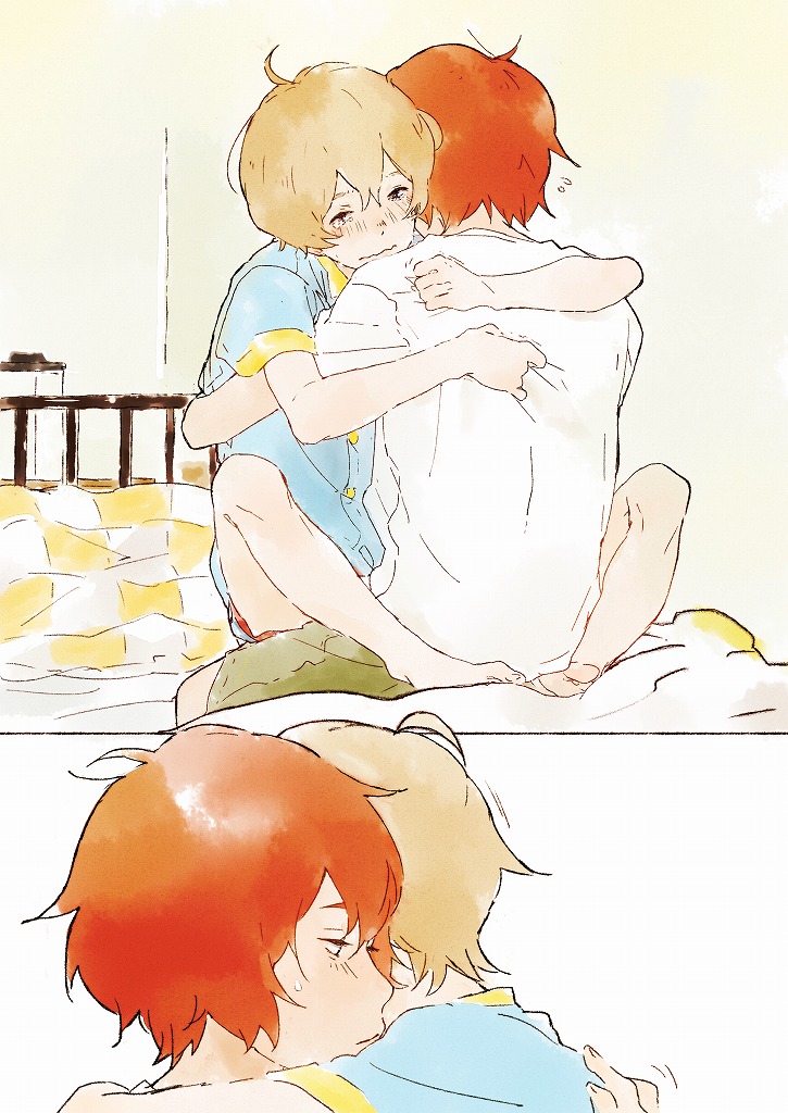 2boys, ahoge, barefoot, bed, blonde_hair, blush, child, haru_(tsuritama)