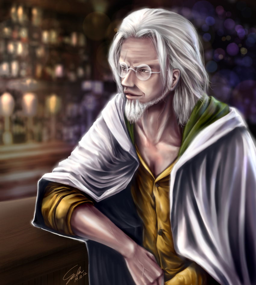1boy, bar, beard, cloak, drink, facial_hair, flask, glasses