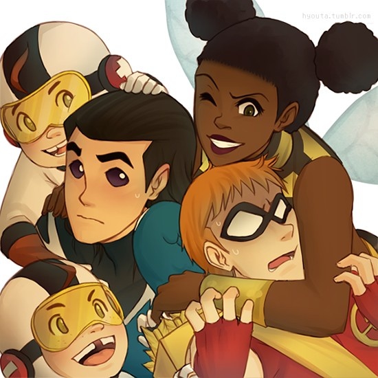 1girl, 4boys, aqualad, archer, arrow, bee_costume, black_hair, black_stripes