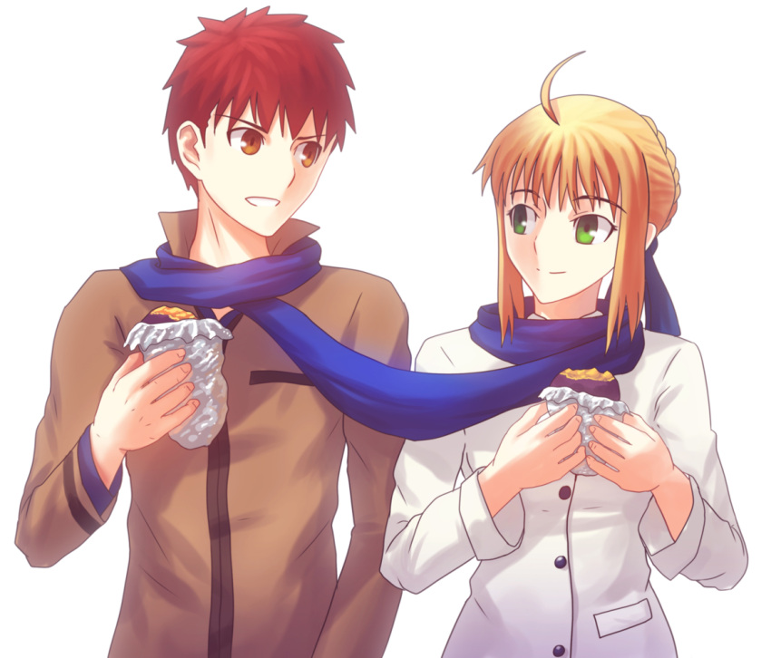 1boy, 1girl, ahoge, alternate_costume, blonde_hair, brown_eyes, coat, couple