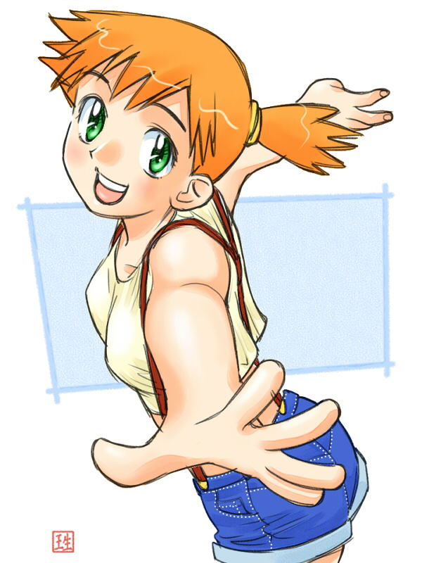 1girl, breasts, green_eyes, hair_ornament, ikurumi_kaoru, kasumi_(pokemon), open_mouth, orange_hair, outstretched_arms, pokemon, ponytail, short_hair, shorts, side_ponytail, small_breasts, smile, solo, spread_arms, standing, suspenders