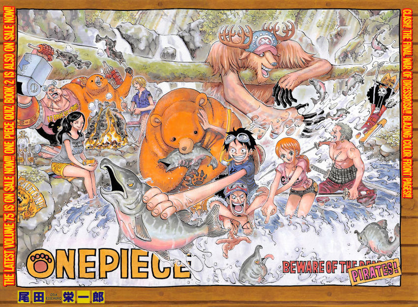 2girls, 6+boys, bear, black_hair, blonde_hair, breasts, brook, color_spread, cooking, copyright_name, cover, cover_page, cyborg, eating, everyone, fire, fish, fishing, food, franky, goggles, green_hair, highres, large_breasts, monkey_d_luffy, multiple_boys, multiple_girls, nami_(one_piece), nico_robin, oda_eiichirou, official_art, one_piece, orange_hair, river, roronoa_zoro, sanji, skeleton, smoke, stitches, sword, tony_tony_chopper, usopp, water, waterfall, weapon