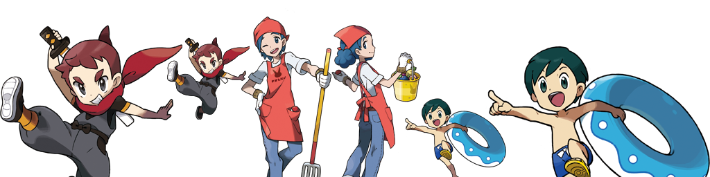 10s, 1girl, 3boys, multiple_boys, ninja_boy_(pokemon), npc_trainer, official_art, pokemon, pokemon_(game), pokemon_breeder_(pokemon), pokemon_oras, tuber_(pokemon), vector_trace