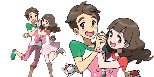 10s, blush, brown_hair, couple, hand_holding, npc_trainer, official_art, poke_ball
