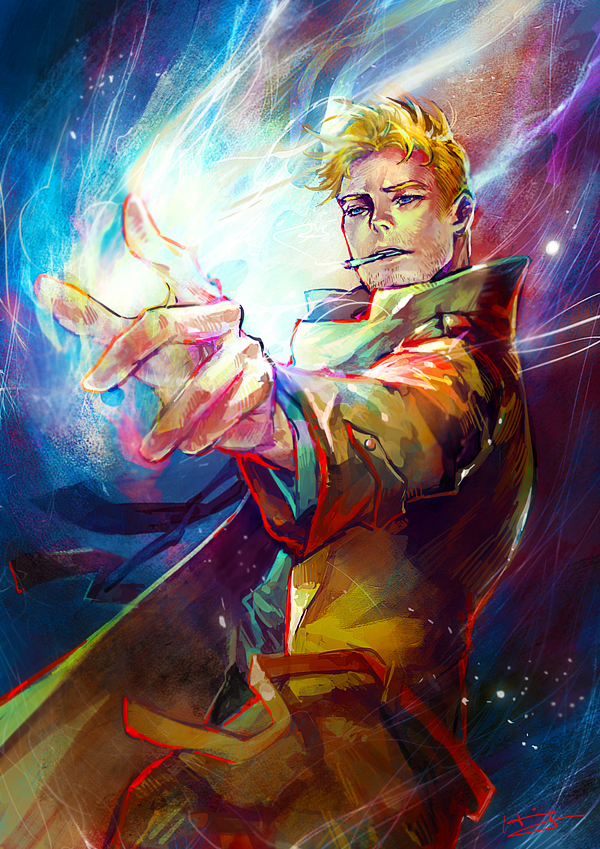 1boy, blonde_hair, blue_eyes, cigarette, dc_comics, facial_hair, hellblazer, jacket, john_constantine, magic, male_focus, necktie, smoking, solo, stubble, trench_coat