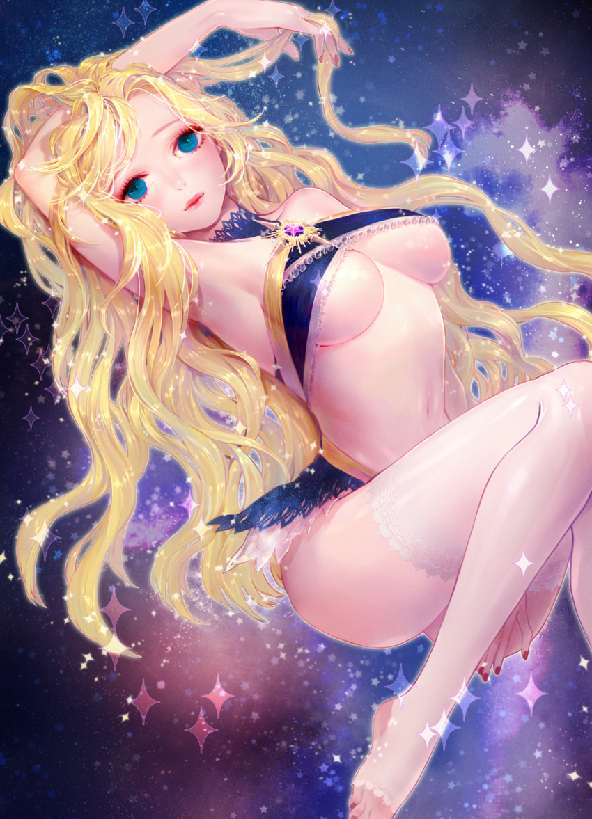 1girl, belly, blonde_hair, blue_eyes, breasts, choker, lip_gloss, long_hair