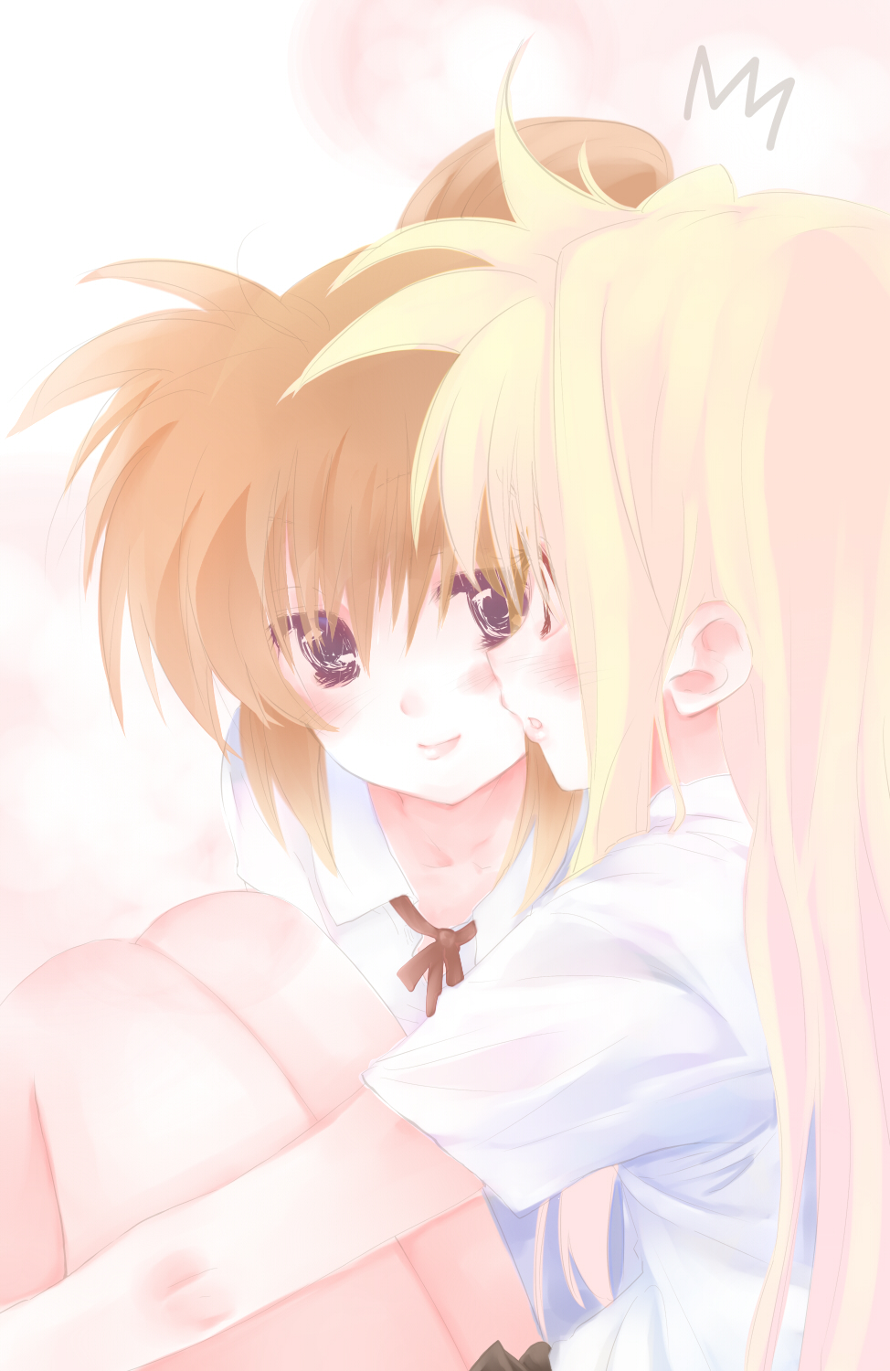 2girls, blonde_hair, blush, brown_hair, couple, fate_testarossa, female, long_hair