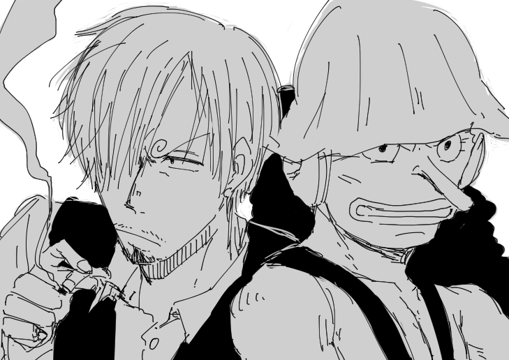 2boys, hair_over_one_eye, hat, headphones, kuro_(shigure-1023), monochrome, multiple_boys, one_piece, sanji, smoking, usopp