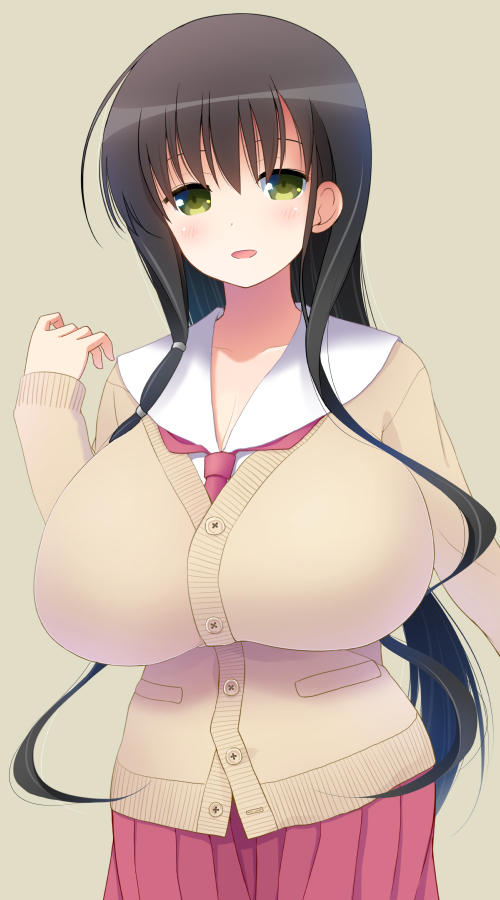 1girl, blush, breasts, green_eyes, huge_breasts, hyuuga_takashi, iwato_kasumi, long_hair