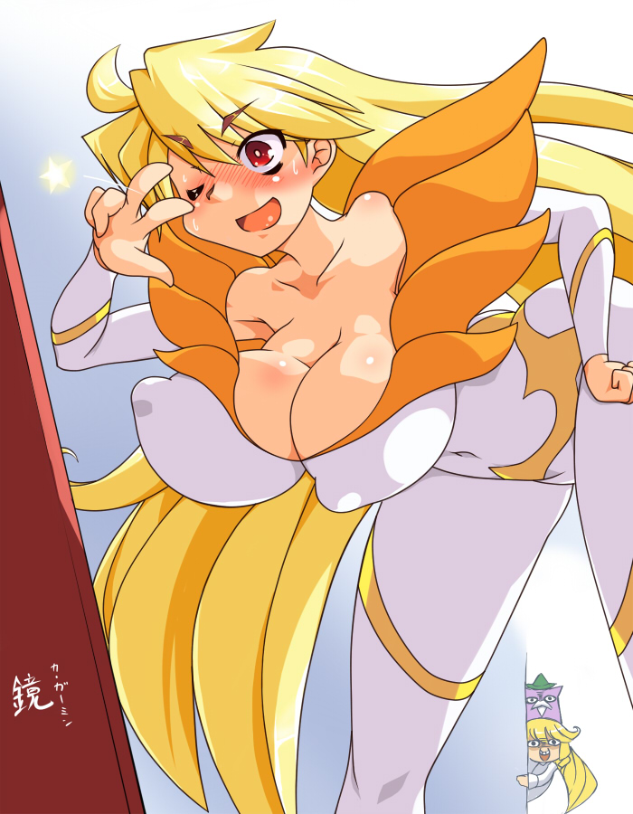 arcana_heart, bare_shoulders, bent_over, blonde_hair, bodysuit, bondo, breasts, cleavage