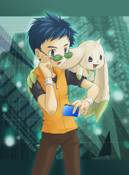 adjusting_glasses, adjusting_sunglasses, animal_on_shoulder, blue_hair, card, digimon, digimon_tamers, glasses