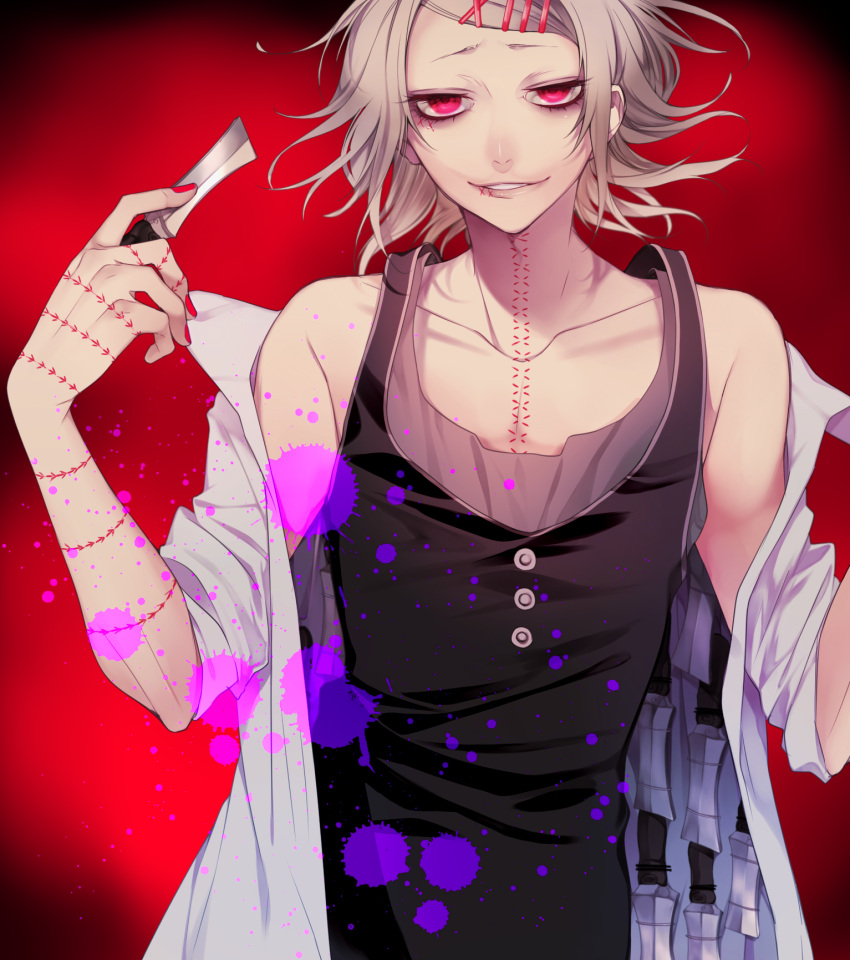 1boy, androgynous, blonde_hair, collarbone, eyelashes, hair_ornament, hairclip, knife, nail_polish, open_clothes, pink_eyes, red_nails, short_hair, smile, solo, stitches, suzuya_juzo, tokyo_ghoul