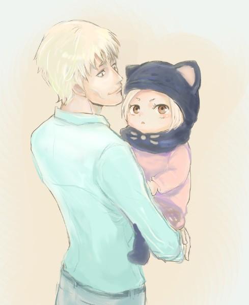 1boy, 1girl, blonde_hair, brown_eyes, carrying, child, father_and_daughter, hat