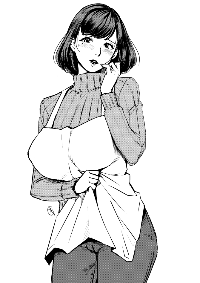 1girl, apron, blush, breasts, ganto, housewife, huge_breasts, lips, looking_at_viewer, milf, mole, monochrome, short_hair, simple_background, sweater