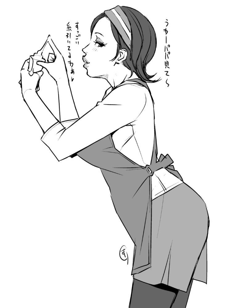 1girl, apron, ganto, housewife, kyukyutto, lips, milf, monochrome