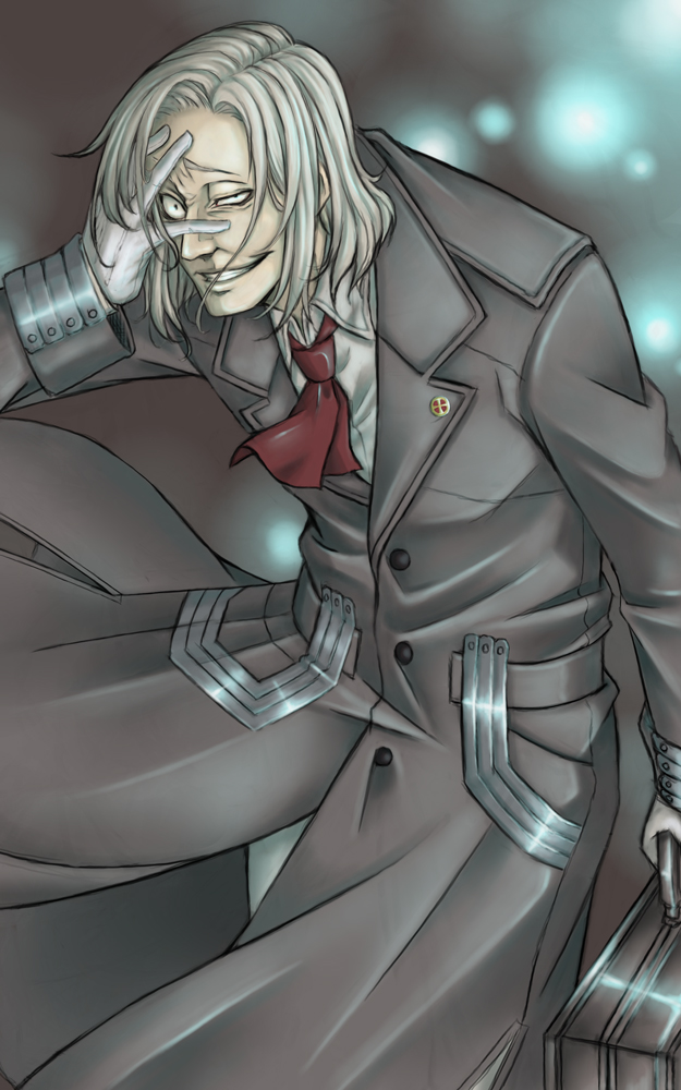 1boy, briefcase, crazy_eyes, gloves, grin, hand_on_own_face, long_hair, looking_at_viewer