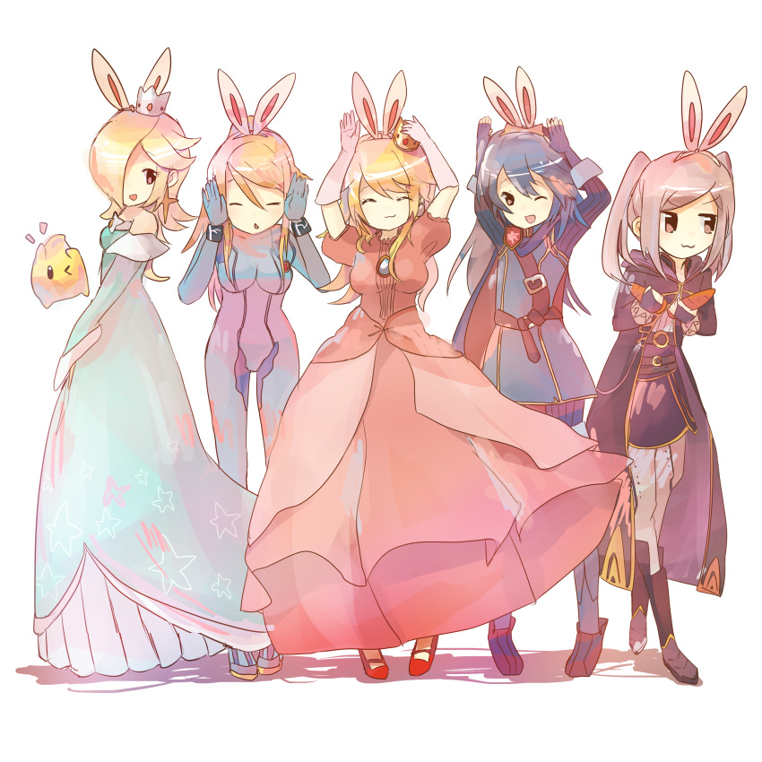 5girls, :3, animal_ears, blonde_hair, blue_hair, cape, carrot, chiko_(mario)