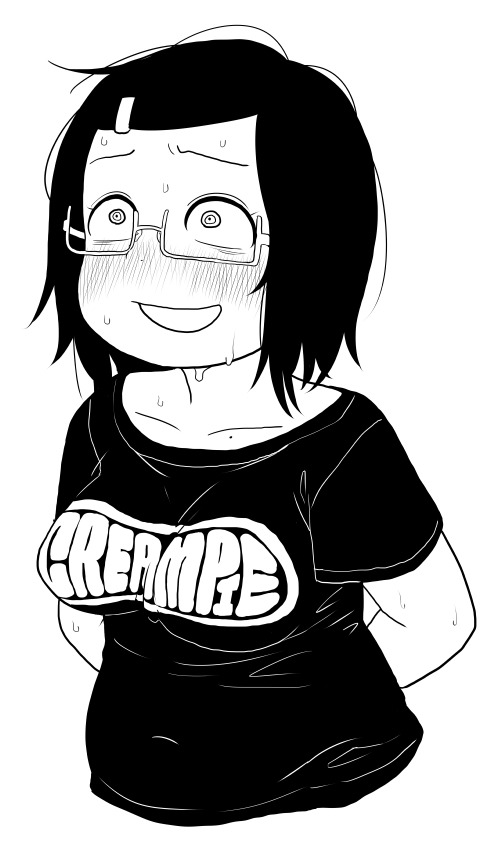 1girl, belly, blush, breasts, clothed_navel, english, full-face_blush, glasses, hair_ornament, hairclip, monochrome, navel, nervous, norihito, open_mouth, original, plump, semi-rimless_glasses, short_hair, simple_background, smile, sweat, under-rim_glasses, upper_body, white_background
