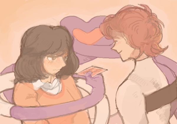 1boy, 1girl, bangs, blush, bodysuit, brown_hair, couple, dc_comics, elongated_man, gloves, heart, letter, ralph_dibny, rubber, stretch, sue_dibny, sweater