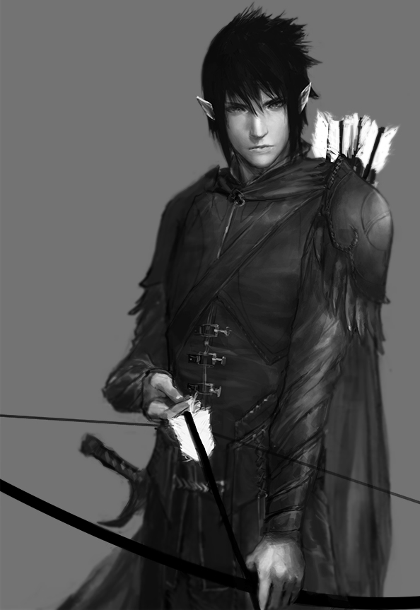 1boy, armor, arrow_(weapon), bow_(weapon), elf, fiftyoff, greyscale, looking_at_viewer, male_focus, monochrome, naruto, pointy_ears, solo, standing, uchiha_sasuke, weapon