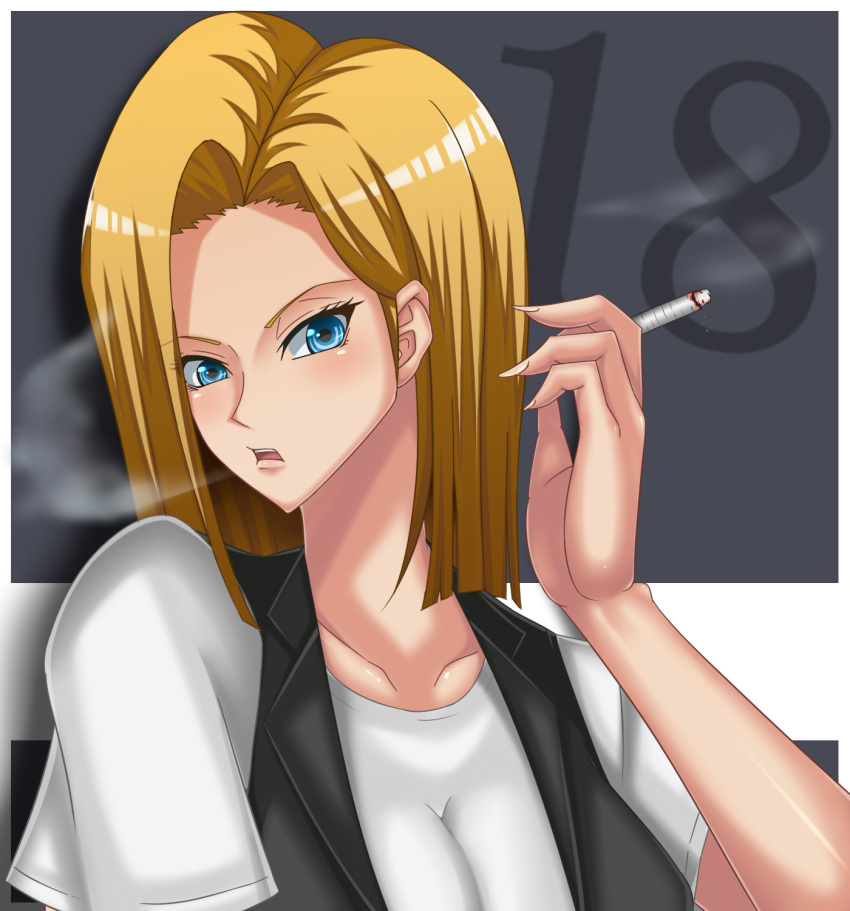 1girl, android_18, bare_shoulders, blonde_hair, blue_eyes, breasts, chest, cigarette, dragon_ball, dragonball_z, eyebrows, eyelashes, female, fingernails, fingers, forehead, hands, large_breasts, looking_at_viewer, m_(masa11051105), neck, shoulders, shueisha, smoking, solo, throat