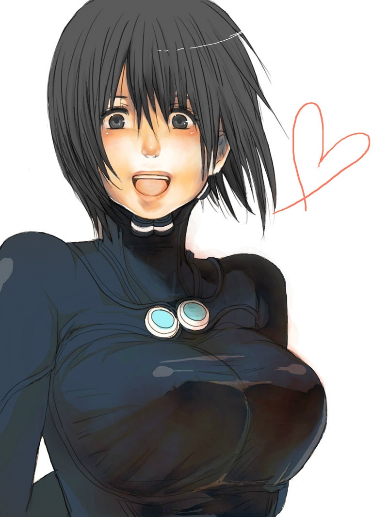 00s, 1girl, black_eyes, black_hair, bodysuit, breasts, gantz, gantz_suit