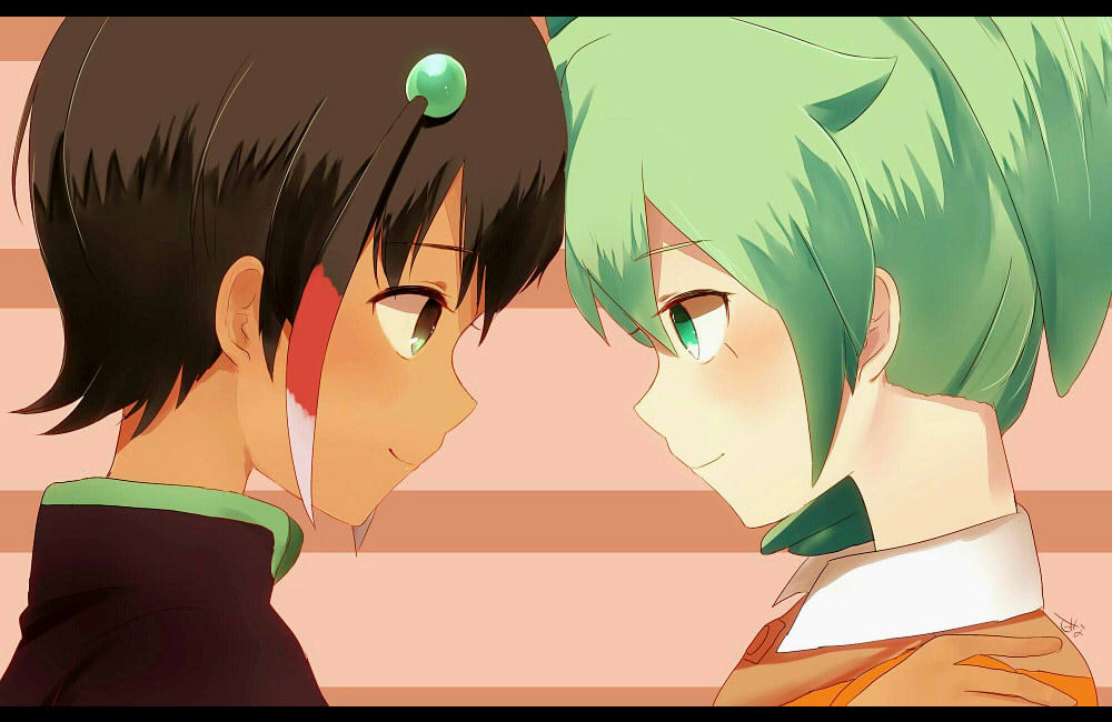 2boys, blush, brown_hair, child, fei_rune, green_eyes, green_hair, hand_on_another's_shoulder