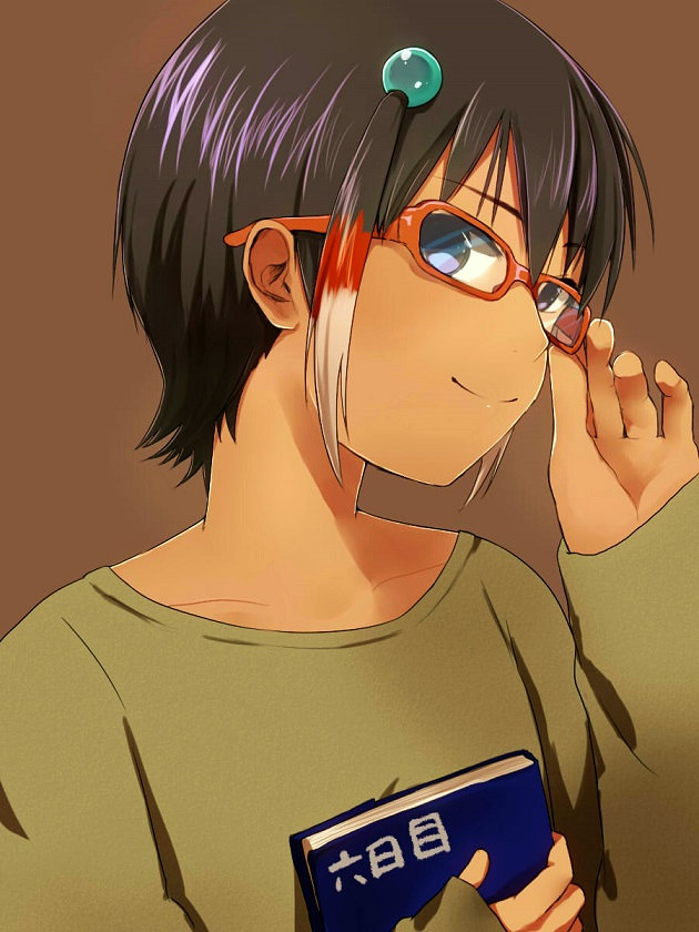 1boy, aqua_eyes, book, brown_hair, child, glasses, inazuma_eleven, inazuma_eleven_(series), inazuma_eleven_go, looking_at_viewer, male_focus, portrait, shirt, shuu_(inazuma_eleven), simple_background, smile, solo, tekina